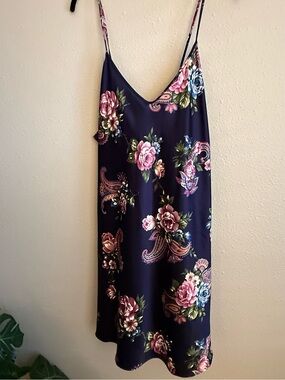 Navy Floral Slip Dress with Pink Rose Print